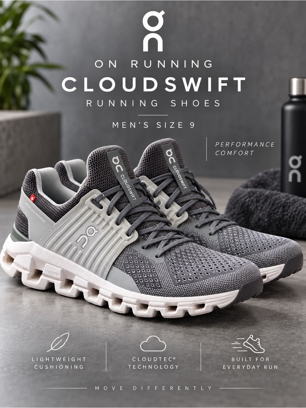 On Running Cloudswift Men’s 9.5 Gray White CloudTec Running Shoes